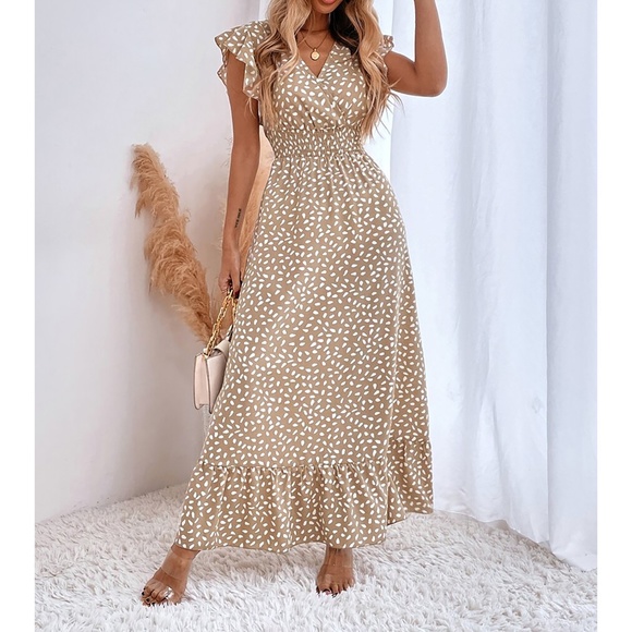 Neutral Tan White Spot Print Ruffle Shirred Maxi Dress - Picture 1 of 6